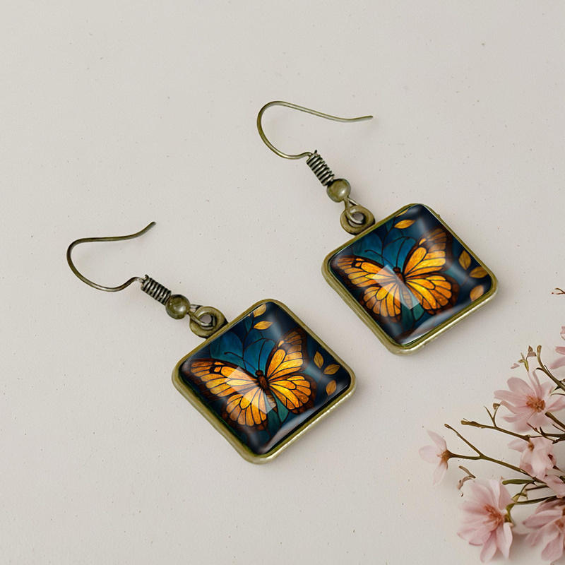 Vintage Glass Drop Earrings with Autumn Leaves & Butterflies